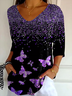 Women's Three Quarter Sleeve T-shirt Spring/Fall Black Butterfly Printing V Neck Daily Going Out Casual Top