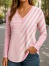 Regular Fit Women's Commuter Striped V-Neck Long Sleeve T-Shirt