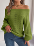 Women's Autumn And Winter Casual Solid Color Hollow Neck Off-Shoulder Lantern Sleeve Sweater