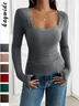 Women's Long Sleeve T-shirt Spring/Fall Gray Floral Split Joint Square Neck Daily Going Out Casual Top