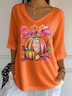 Women's Three Quarter Sleeve T-shirt Spring/Fall Orange Floral Printing V Neck Daily Going Out Casual Top