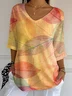 Women's Three Quarter Sleeve T-shirt Spring/Fall Orange Leaf Printing V Neck Daily Going Out Casual Top