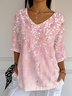 Women's Three Quarter Sleeve T-shirt Spring/Fall Pink Floral Printing V Neck Daily Going Out Casual Top