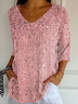 Women's Three Quarter Sleeve T-shirt Spring/Fall Pink Abstract Printing V Neck Daily Going Out Casual Top
