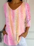 Women's Three Quarter Sleeve T-shirt Spring/Fall Pink Abstract Printing V Neck Daily Going Out Casual Top