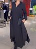 Women's Long Sleeve Spring/Fall Black Plain Split Joint V Neck Daily Going Out Vintage Maxi A-Line Shirt Dress Dress