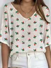 Women's Simple Pattern V-Neck Three-Quarter Sleeve T-Shirt Loose and Comfortable Ribbed Top