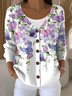 Purple Floral Cotton Regular Fit Casual Cardigan