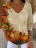 Women's Long Sleeve T-shirt Spring/Fall Khaki Halloween (pumpkin) Printing V Neck Daily Going Out Casual Top