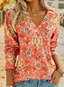 Women's Long Sleeve T-shirt Spring/Fall Orange Ethnic Printing Jersey V Neck Daily Going Out Casual Top