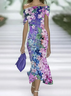 Women's Cap Sleeve Summer Purple Floral Printing Cold Shoulder Daily Going Out Vintage Maxi H-Line Dress