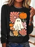 Women's Floral Ghost Halloween, Pumpkin Fall Tee, Boho Spooky Season Long-sleeved T-Shirt