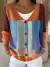 V Neck Vintage Multicolor Block Loose Cardigan