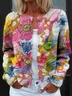 Multicolor Block Knitted Casual Crew Neck Cardigan