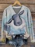 V Neck Ethnic Animal Picture Loose Sweater
