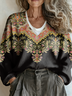 Ethnic Casual Loose V Neck Sweater