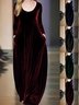 Women's Long Sleeve Spring/Fall Wine Red Plain Split Joint Crew Neck Daily Going Out Vintage Maxi A-Line Velvet Dress
