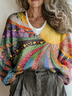 V Neck Ethnic Multicolor Block Sweater