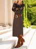 Women's Long Sleeve Spring/Fall Brown Floral Crew Neck Daily Going Out Casual Midi A-Line T-Shirt Dress Dress