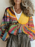 Vintage V Neck Loose Multicolor Block Cardigan