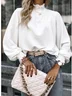Women's Long Sleeve T-shirt Spring/Fall White Geometric Buckle Stand Collar Balloon Sleeve Daily Going Out Vintage Top