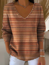 Women's Long Sleeve T-shirt Spring/Fall Brown Abstract Stripes Printing V Neck Daily Going Out Casual Top