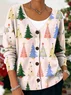 Women's Christmas Tree Printed Casual Long Sleeve V-Neck Knitted Button Cardigan