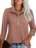 Casual Plain Zipper Polo Collar Blouse