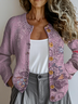 Crew Neck Floral Knitted Casual Cardigan