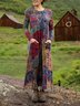 Crew Neck Loose Boho Multicolor Block Dress With No
