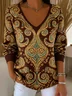 Women's Long Sleeve T-shirt Spring/Fall Brown Ethnic Printing V Neck Daily Going Out Casual Top