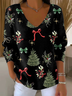 Women's Long Sleeve T-shirt Spring/Fall Black Christmas Printing V Neck Daily Going Out Casual Top