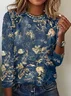 Women's Long Sleeve T-shirt Spring/Fall Blue Floral Printing Jersey Crew Neck Daily Going Out Casual Top