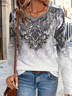 Women's Long Sleeve T-shirt Spring/Fall Gray Ethnic Printing Jersey V Neck Daily Going Out Casual Top