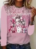 Women's Long Sleeve T-shirt Spring/Fall Pink Christmas Printing Jersey Crew Neck Daily Going Out Casual Top