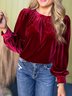 Women's Long Sleeve Shirt Spring/Fall Red Plain Split Joint Crew Neck Puff Sleeve Daily Going Out Casual Top