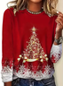 Women's Long Sleeve T-shirt Spring/Fall Red Christmas Printing Jersey Crew Neck Daily Going Out Casual Top