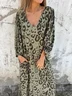 Women's Long Sleeve Spring/Fall Army Green Floral Split Joint V Neck Balloon Sleeve Daily Going Out Vintage Maxi A-Line T-Shirt Dress Dress