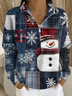 Shawl Collar Casual Zipper Christmas Snowman Sweatshirt