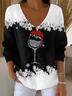 Women's Long Sleeve T-shirt Spring/Fall Black Christmas Printing V Neck Daily Going Out Casual Top
