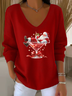 Women's Long Sleeve T-shirt Spring/Fall Red Christmas Printing V Neck Daily Going Out Casual Top