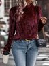 Women's Long Sleeve T-shirt Spring/Fall Wine Red Plain Split Joint Crew Neck Puff Sleeve Daily Going Out Vintage Top