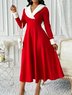 Women's Long Sleeve Spring/Fall Red Plain Split Joint V Neck Daily Going Out Casual Maxi A-Line Tank Dress