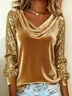 Women's Long Sleeve T-shirt Spring/Fall Golden Plain Glitter Cowl Neck Daily Going Out Vintage Top