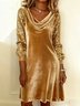 Women's Long Sleeve Spring/Fall Golden Plain Split Joint Cowl Neck Daily Going Out Street Midi A-Line Sequin Dress