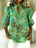 Floral Casual Loose Shawl Collar Puff Sleeve Shirt
