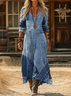 Women's Long Sleeve Spring/Fall Blue Faux Denim Print Graphic Printing V Neck Daily Going Out Vintage Maxi H-Line Dress