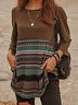 Brown Paneled Crew Neck Long Sleeve Cotton-Blend T-shirt